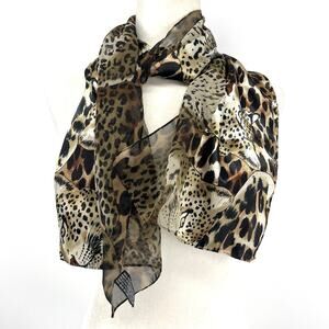 Leopard Print Long Scarf Brown Gold Satin